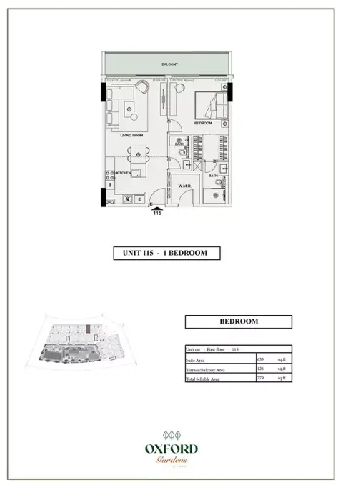 Plattegrond van 1 slaapkamer in Oxford Gardens