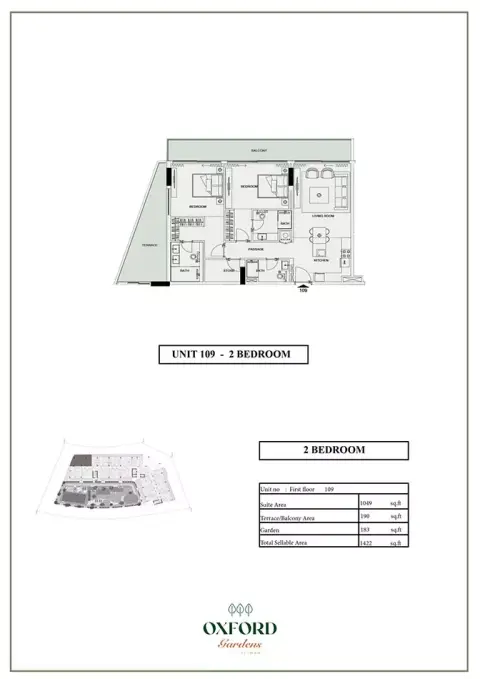 Plattegrond van 2 slaapkamers in Oxford Gardens