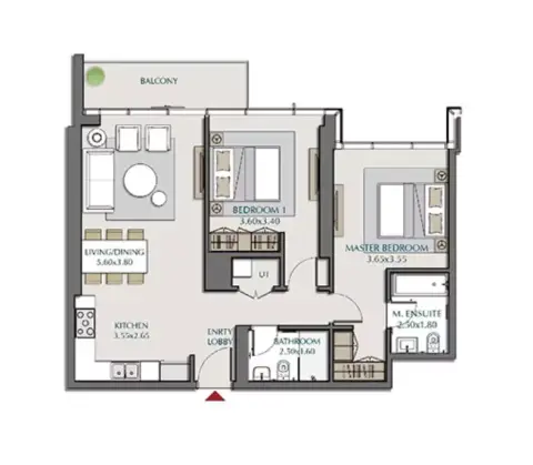 Plattegrond van 2 slaapkamers in Park Views Residences