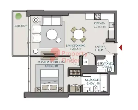 Plattegrond van 1 slaapkamer in Park Views Residences