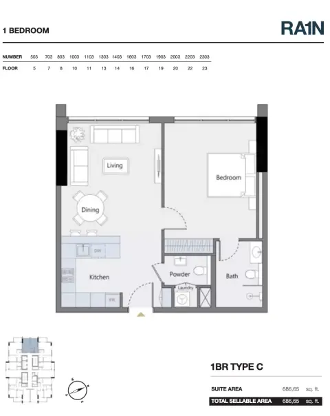 Plattegrond van 1 slaapkamer in RA1N Residence