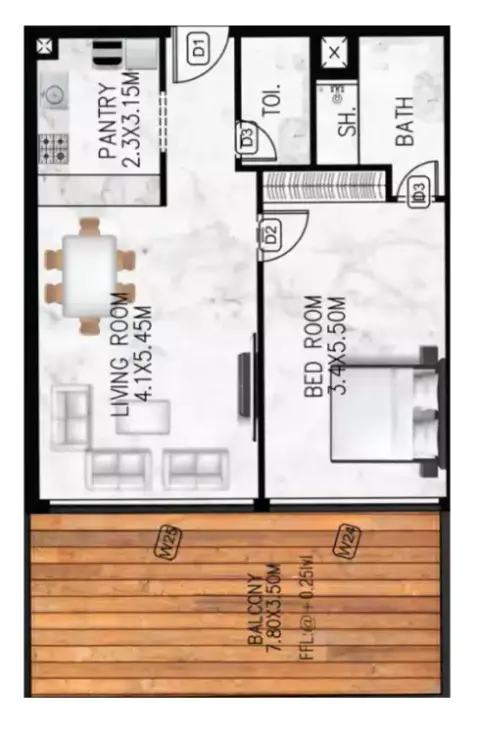Plattegrond van 1 slaapkamer in Lumina Vista