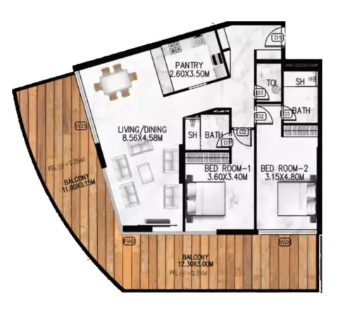 Plattegrond van 2 slaapkamers in Lumina Vista