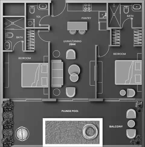 Plattegrond van 2 slaapkamers in Vincitore Aqua Dimore