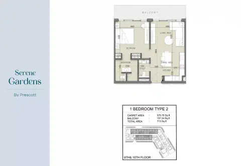 Plattegrond van 1 slaapkamer in Serene Gardens By Prescott Real Estate