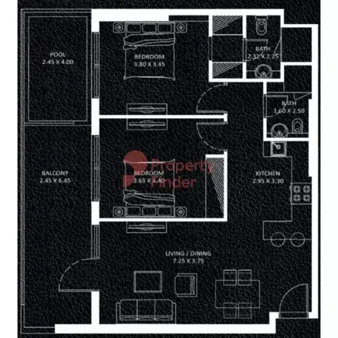 Plattegrond van 2 slaapkamers in Viewz By Danube