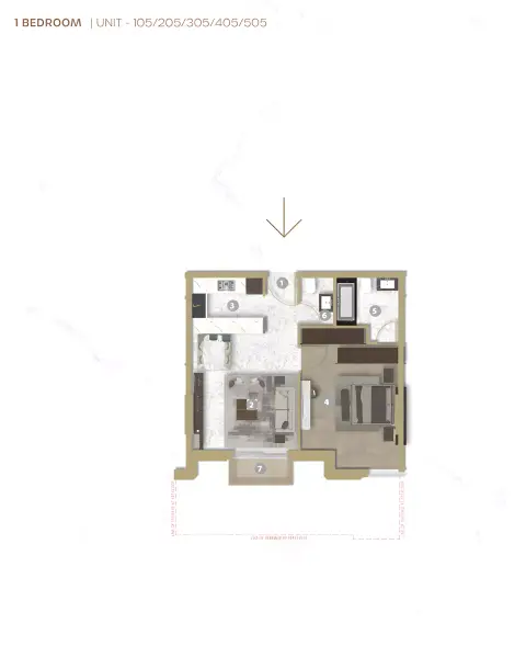 Plattegrond van 1 slaapkamer in Avenue Residence Phase 5 By Nabni