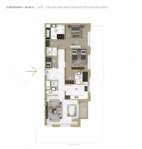 Plattegrond van 2 slaapkamers in Avenue Residence Phase 5 By Nabni