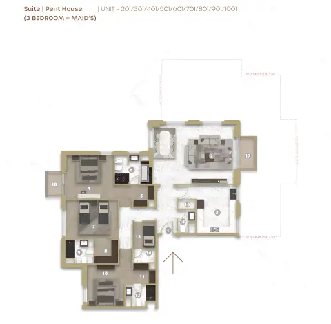 Plattegrond van 3 slaapkamers in Avenue Residence Phase 5 By Nabni