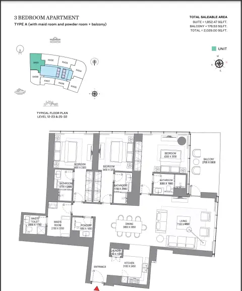 Plattegrond van 3 slaapkamers in Sobha Seahaven