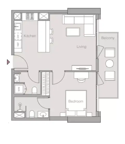 Plattegrond van 1 slaapkamer in V1ter Residence