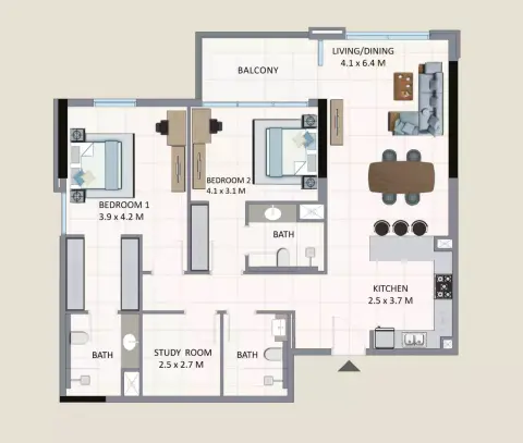 Plattegrond van 2 slaapkamers in Riviera Chalet