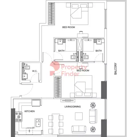 Plattegrond van 2 slaapkamers in Binghatti Venus