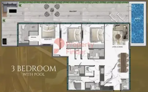 Plattegrond van 3 slaapkamers in Samana Golf Views