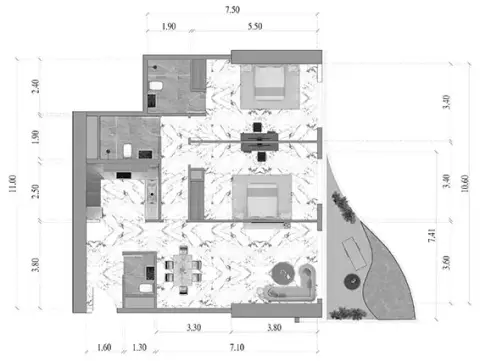Plattegrond van 2 slaapkamers in Volga Tower