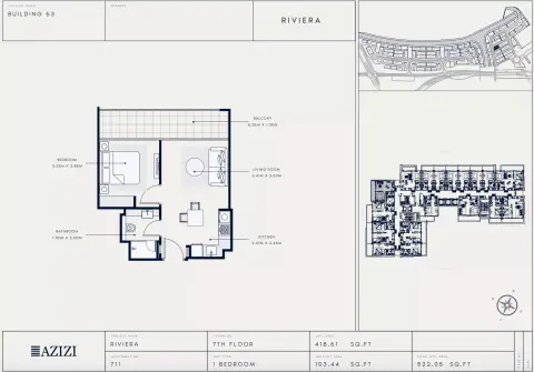 Plattegrond van 1 slaapkamer in Azizi Riviera 63