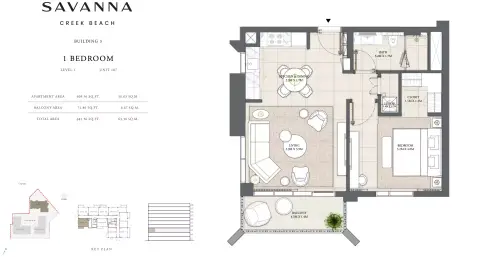 Plattegrond van 1 slaapkamer in Savanna