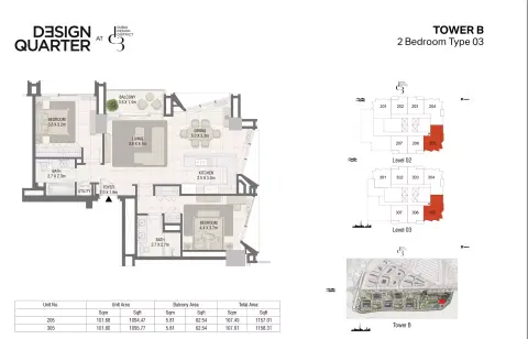 Plattegrond van 2 slaapkamers in Design Quarter
