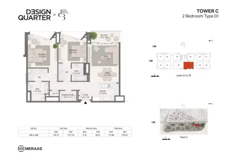 Plattegrond van 2 slaapkamers in Design Quarter