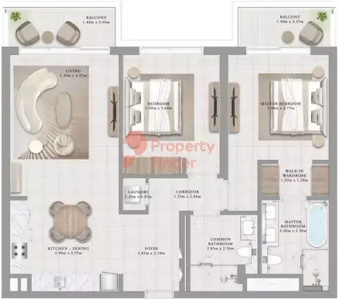 Plattegrond van 2 slaapkamers in Sunridge