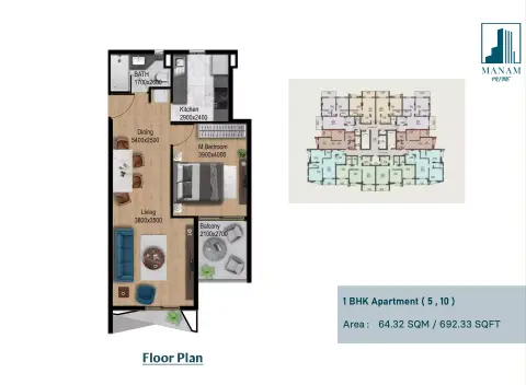 Plattegrond van 1 slaapkamer in Manam Prime