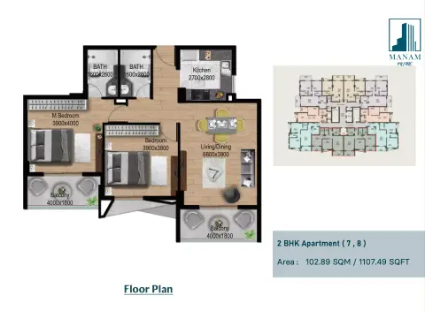 Plattegrond van 2 slaapkamers in Manam Prime