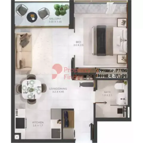 Plattegrond van 1 slaapkamer in Elano By Oro24
