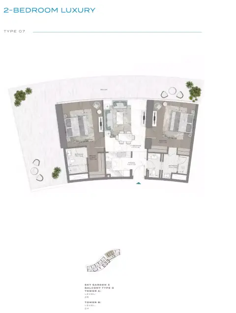Plattegrond van 2 slaapkamers in Damac Bay