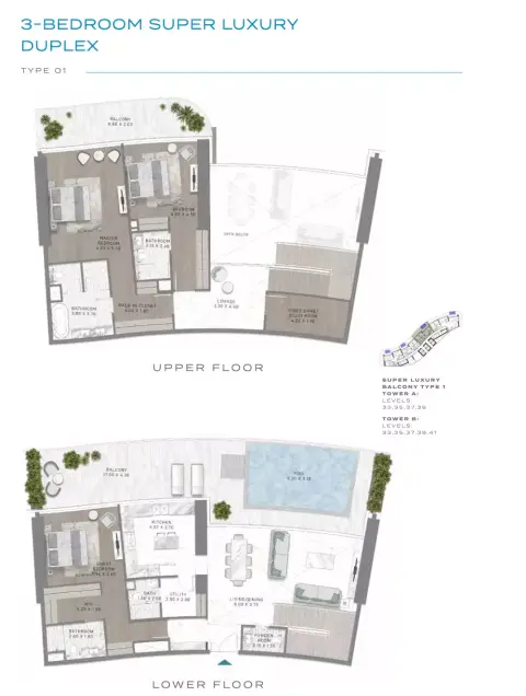 Plattegrond van 3 slaapkamers in Damac Bay