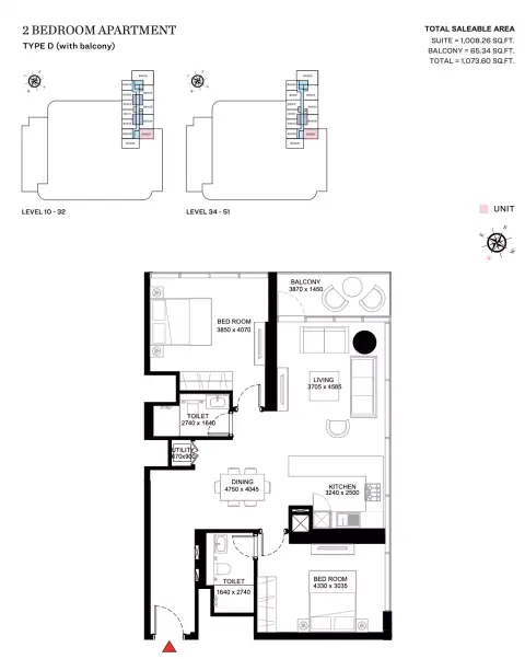 Plattegrond van 2 slaapkamers in Sobha Creek Vistas Heights
