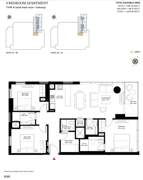 Plattegrond van 3 slaapkamers in Sobha Creek Vistas Heights