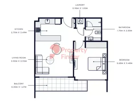 Plattegrond van 1 slaapkamer in Azizi Amber