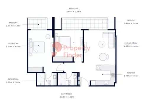 Plattegrond van 2 slaapkamers in Azizi Amber