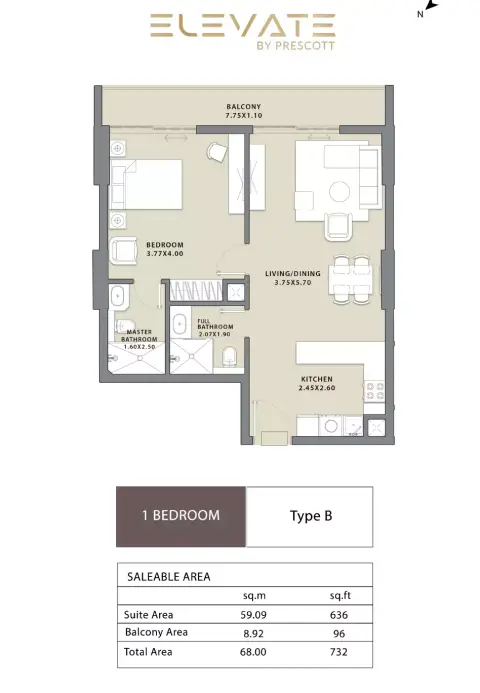 Plattegrond van 1 slaapkamer in Elevate By Prescott
