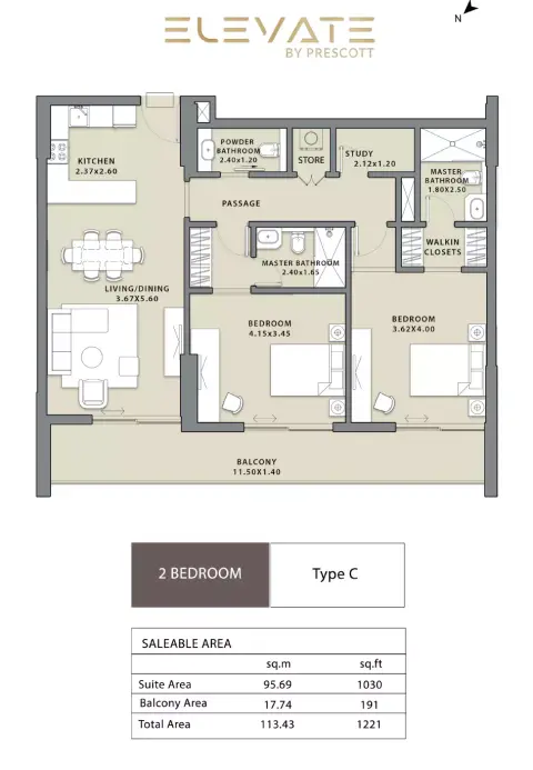 Plattegrond van 2 slaapkamers in Elevate By Prescott