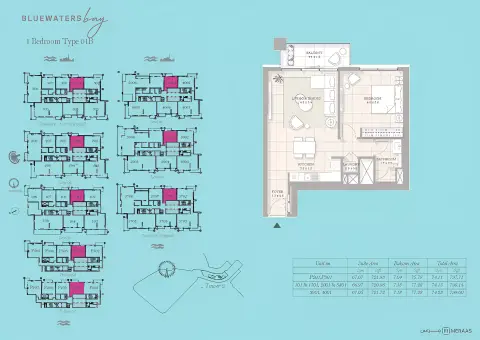 Plattegrond van 1 slaapkamer in Bluewaters Bay