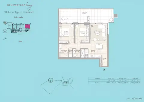 Plattegrond van 2 slaapkamers in Bluewaters Bay
