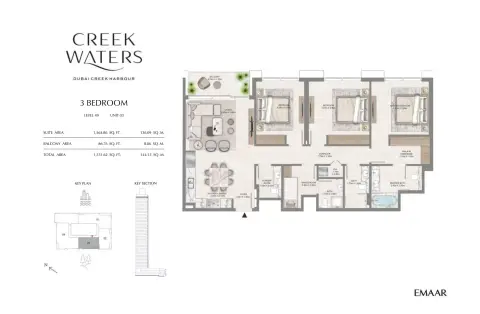 Plattegrond van 3 slaapkamers in Creek Waters By Emaar