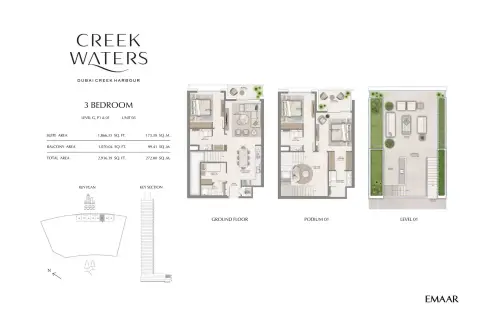 Plattegrond van 3 slaapkamers in Creek Waters By Emaar