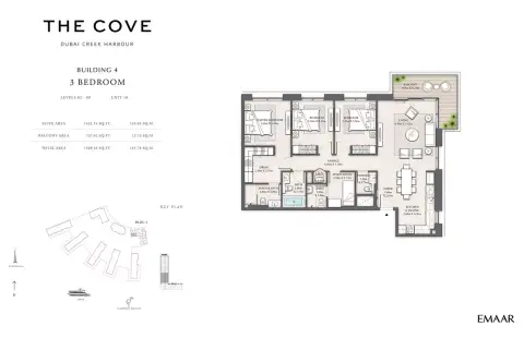 Plattegrond van 3 slaapkamers in The Cove Phase 2 By Emaar