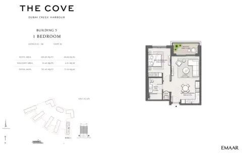 Plattegrond van 1 slaapkamer in The Cove Phase 2 By Emaar