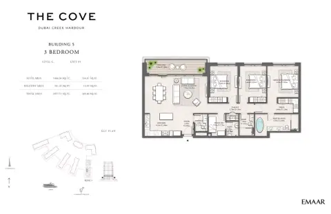 Plattegrond van 3 slaapkamers in The Cove Phase 2 By Emaar