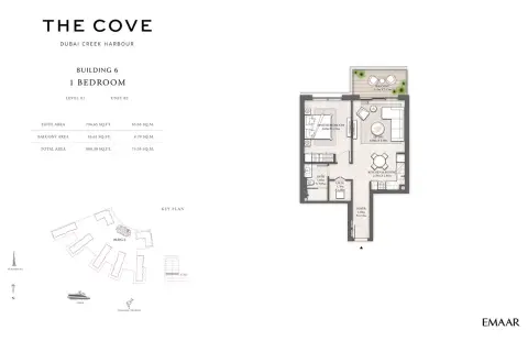 Plattegrond van 1 slaapkamer in The Cove Phase 2 By Emaar