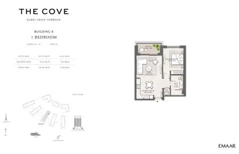 Plattegrond van 1 slaapkamer in The Cove Phase 2 By Emaar
