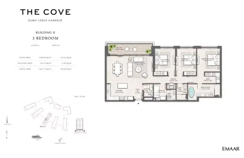 Plattegrond van 3 slaapkamers in The Cove Phase 2 By Emaar