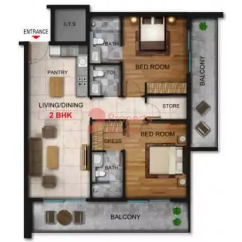 Plattegrond van 2 slaapkamers in Marquis Galleria