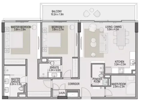 Plattegrond van 2 slaapkamers in Berkeley at Dubai Hills Estate