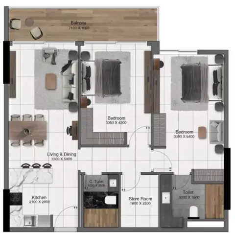 Plattegrond van 2 slaapkamers in Park Lane By Heilbronn
