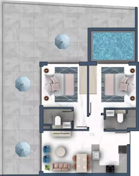 Plattegrond van 2 slaapkamers in Samana Miami