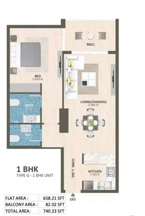 Plattegrond van 1 slaapkamer in Time Phase 2